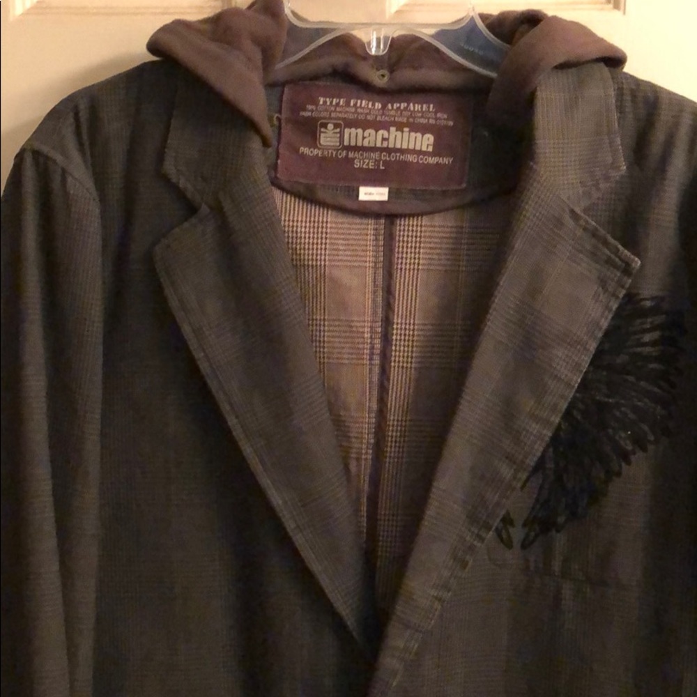 Machine Men’s plaid coat with removable hood.